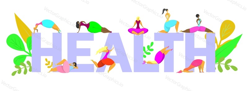 Zdravý život plakát banner design šablony, vektorové ploché ilustrace. Zdravotní slovo velkými písmeny s tréninkem žen, meditací v jógových pózách, běháním. Koncept aktivního životního stylu.
