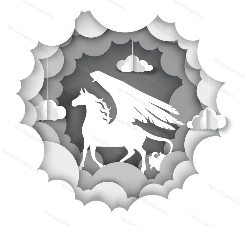 Vector layered paper cut style fluffy clouds and mythological Pegasus, winged horse silhouette. Beautiful fairytale composition.