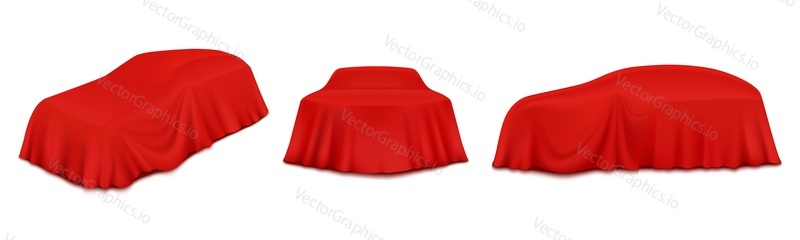 Car reveal curtain, vector illustration isolated on white background. Automobile covered with realistic red silk, velvet fabric. New car model presentation, auto show.