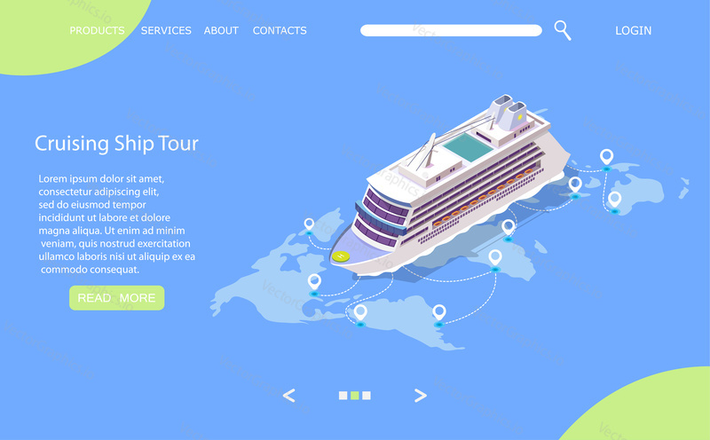 Cruise ship tour vector website template, web page and landing page design for website and mobile site development. Isometric cruise liner on world map with location pins. Sea travel, voyage concept.