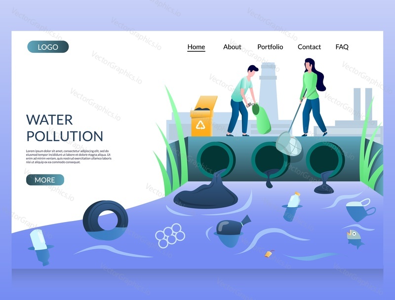 Water pollution vector website template, web page and landing page design for website and mobile site development. No plastic, save environment.