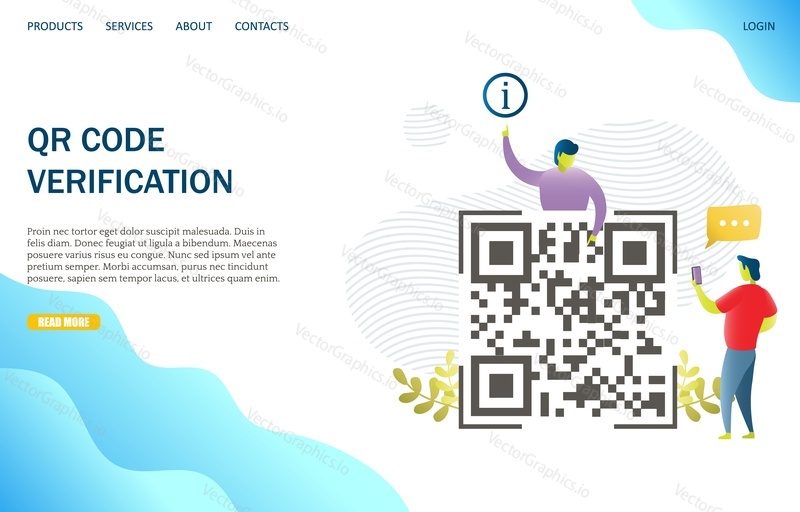 Векторный шаблон веб-сайта для проверки QR-кода, дизайн веб-страницы и целевой страницы для разработки веб-сайтов и мобильных сайтов. Сканирование штрих-кода, концепция приложения для проверки.
