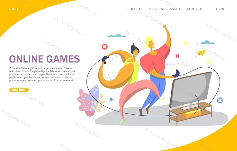 Online games vector website template, web page and landing page design for website and mobile site development. Cool gamers playing video game using game console and controllers.