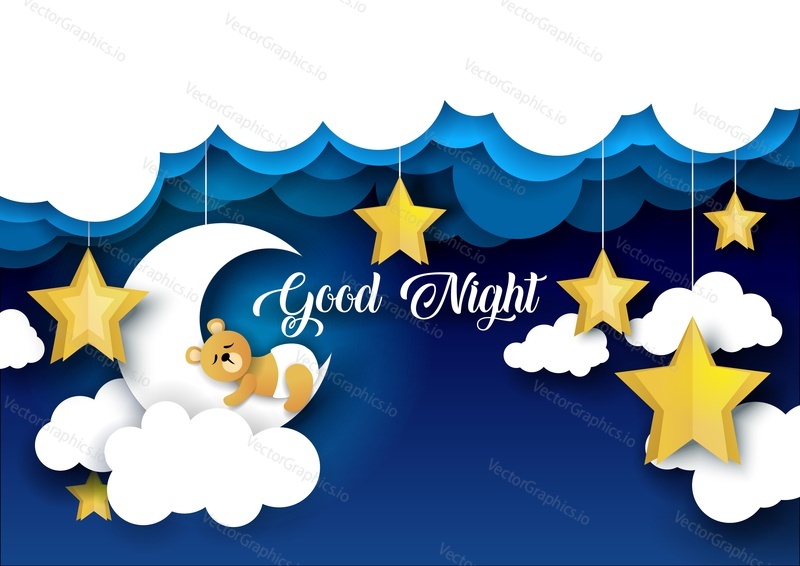 Vector layered paper cut style cute teddy bear sleeping on crescent moon, good night lettering. Creative beautiful sweet dreams composition for card, banner, flyer, poster etc.