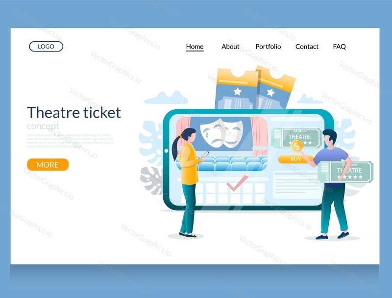 Theatre ticket vector website template, web page and landing page design for website and mobile site development. Online reservation and purchase tickets.