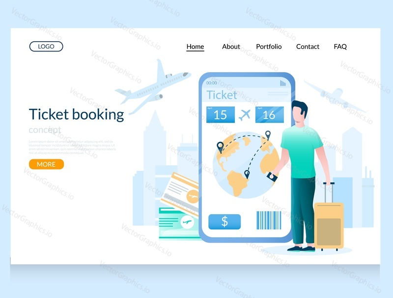 Ticket booking vector website template, web page and landing page design for website and mobile site development. Flight ticket online booking, buying via smartphone.