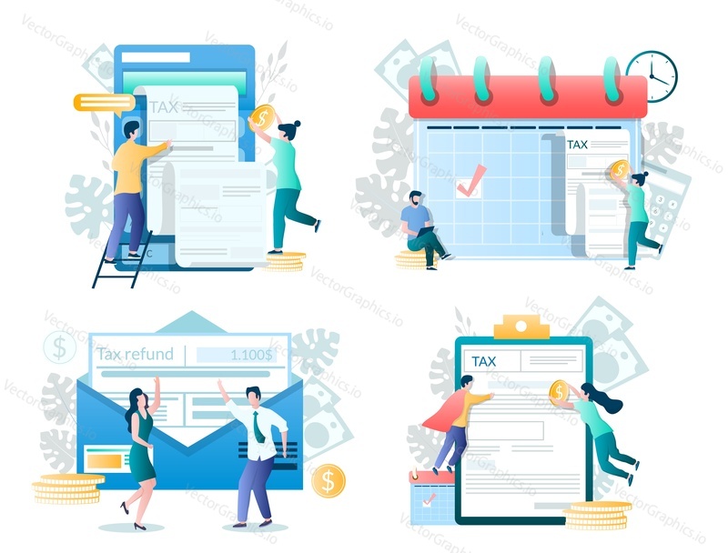 Tax time, payment, refund vector concept illustration set isolated on white background. Financial statements and taxation, tax return, taxpayers.