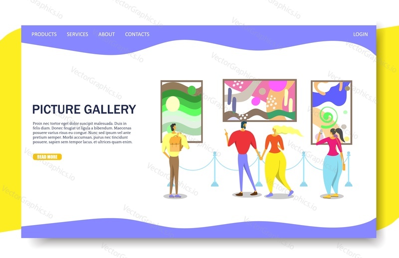 ObrazovÁ galerie vektorové webové stránky šablony, webové stránky a vstupní stránky design pro vývoj webových stránek a mobilních stránek. Návštěvníci muzea umění prohlížení moderní abstraktní umění malířské sbírky na zdi.