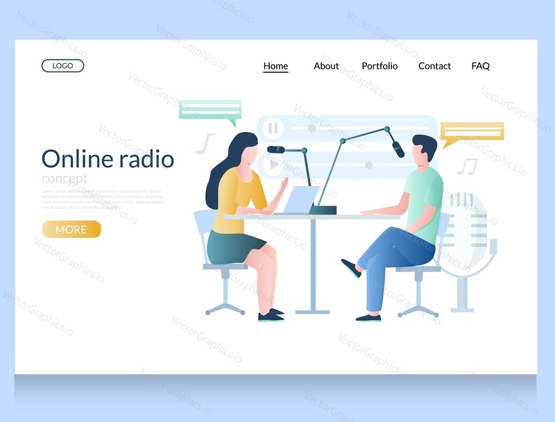 Šablona webových stránek Online radio vector, design webových stránek a vstupních stránek pro vývoj webových stránek a mobilních stránek. Podcasting, koncept online vysílání s postavami muž a žena dělat podcast.