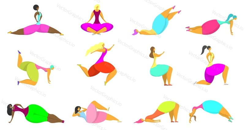 Fitness ženy icon set. Vektorové ploché styl design ilustrace izolovaných na bílém pozadí. Rozmanité mladé dívky běží, dělají fitness a cvičení jógy.