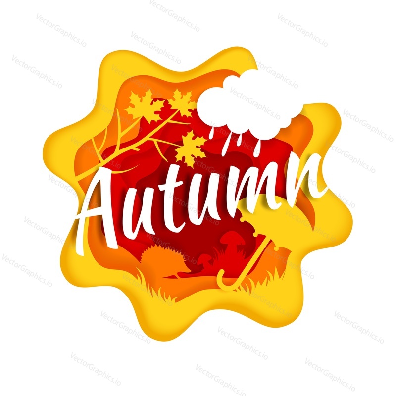 Autumn creative hand lettering typography, vector illustration in paper art modern craft style. Autumn composition with paper cut tree branch, rainy cloud, hedgehog, mushrooms and umbrella silhouettes