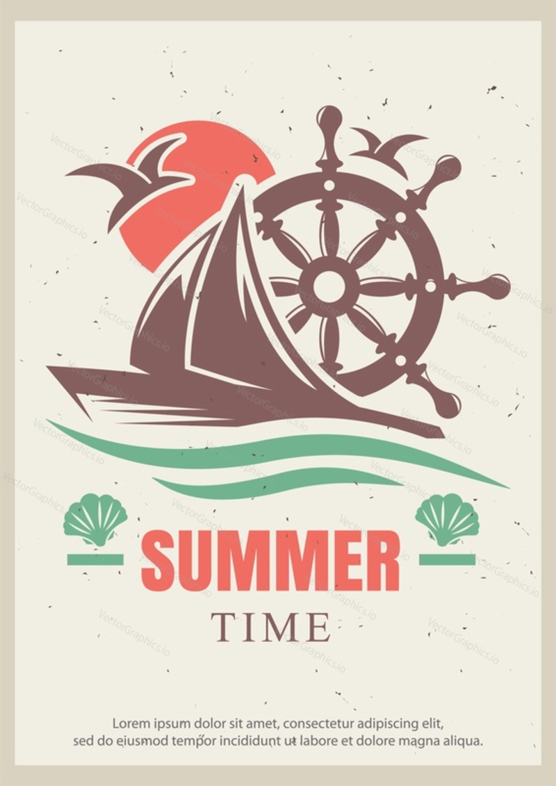 Letní čas grunge typografie plakát design šablony, vektorové ilustrace v retro stylu. Výletní dovolená, koncept výletu na jachtě pro banner, leták.