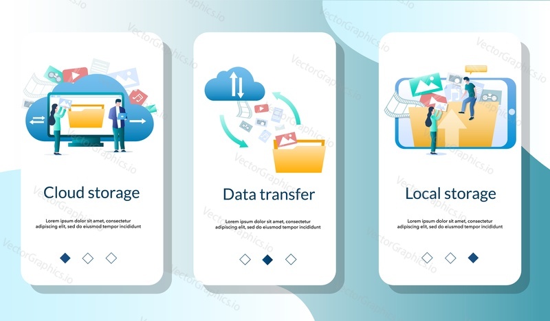 Cloud a místní úložiště, přenos dat mobilní aplikace onboarding obrazovky. Menu banner vektorová šablona pro vývoj webových stránek a aplikací. Cloudová technologie.