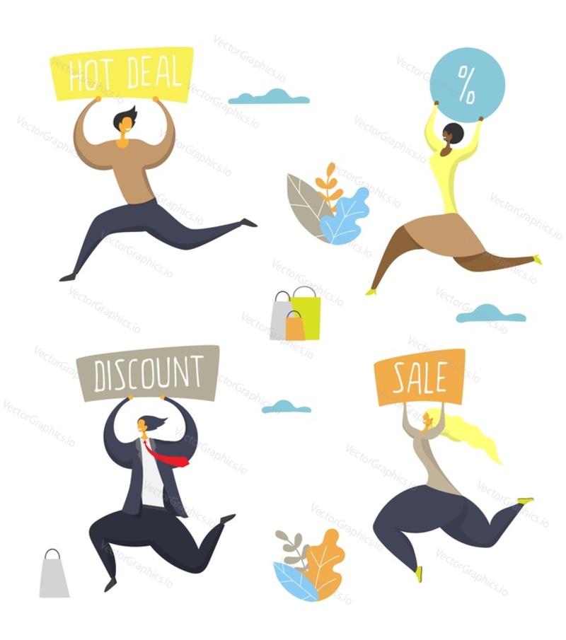 Men and women cartoon characters with promo signs. Vector flat illustration isolated on white background. People running with Hot deal, Discount, Sale banners in raised hands. Special offer promotion.