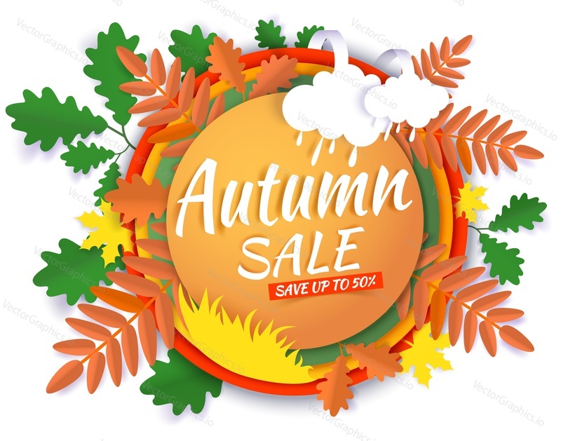 Colorful leaves decorative frame Autumn sale creative hand lettering typography, vector illustration in paper art craft style. Seasonal autumn sale promotion banner, poster template.