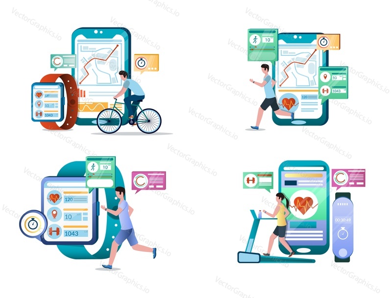 Fitness vector concept illustration set isolated on white background. Smart workout with fitness tracker mobile app and smartwatch with heart rate monitor, step counter. Sports wearable technology.