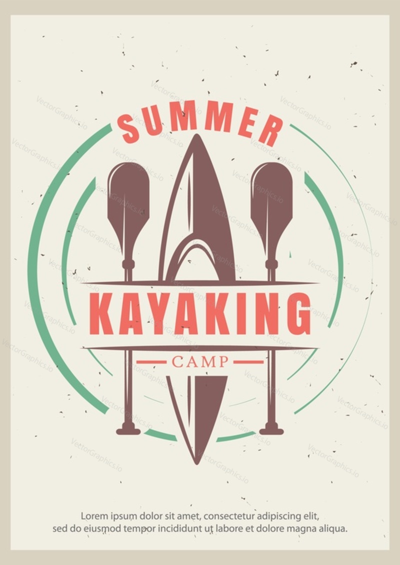 Summer kayaking grunge typography poster design template, vector illustration in retro style. Kayak and paddles, water sport activity concept for banner, flyer.