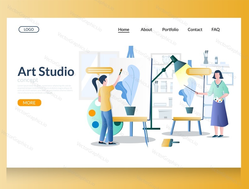 Art studio vector website template, web page and landing page design for website and mobile site development. Open art classes, art school.