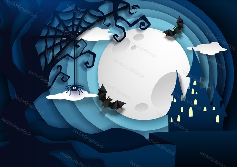 Night background with full moon, haunted house, flying bats, dead tree and spider, vector illustration in paper art style. Happy Halloween composition for party invitation, poster, greeting card.