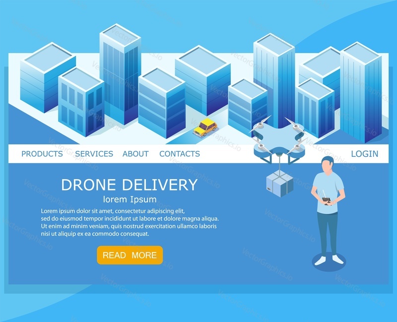 Drone delivery vector website template, web page and landing page design for website and mobile site development. Isometric delivery quadcopter with parcel controlled remotely.