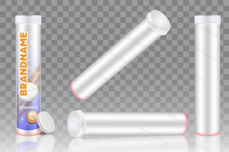 Vitamin C packaging plastic bottle with cap mockup set, vector illustration isolated on transparent background. Effervescent soluble tablets pack.