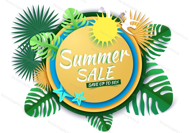 Tropical greenery decorative frame Summer sale creative hand lettering typography, vector illustration in paper art craft style. Seasonal summer sale promotion banner, poster template.