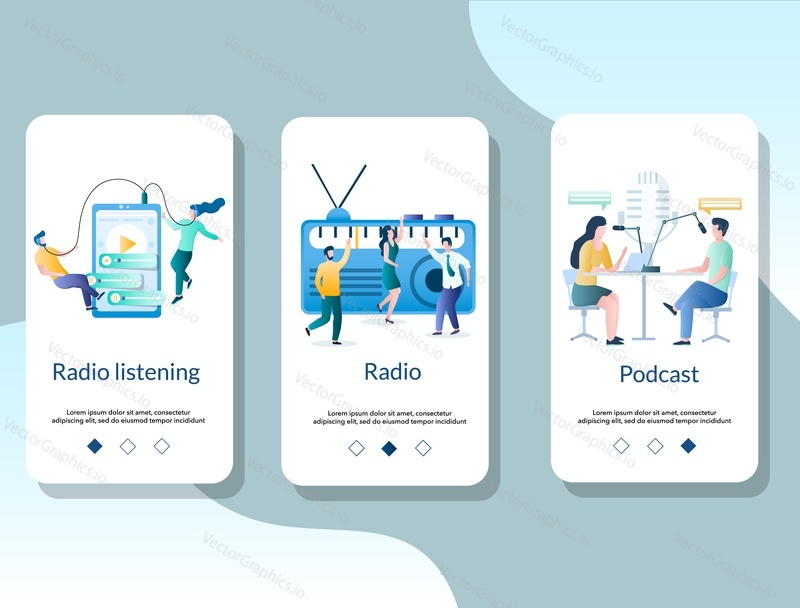Мобильное приложение Radio online на экранах загрузки. Векторный шаблон баннера меню для разработки веб-сайтов и приложений. Прослушивание радио, концепция создания подкаста.