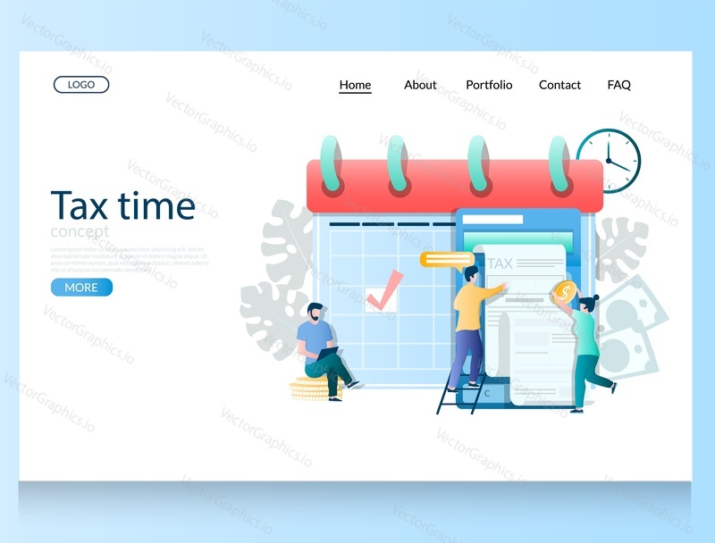 Векторный шаблон веб-сайта Tax time, дизайн веб-страницы и целевой страницы для разработки веб-сайтов и мобильных сайтов. Концепция налогового сезона с огромным календарем и крошечными символами налогоплательщиков.