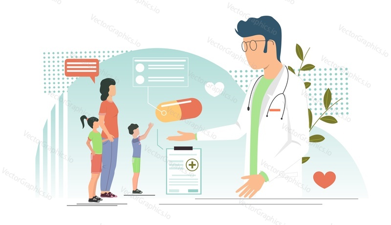 Pediatr lékař předepisující lék pro léčbu dětí návštěva kliniky s matkou, vektorové ilustrace. Pediatrická prohlídka, koncept lékařského předpisu pro webový banner, webovou stránku atd.