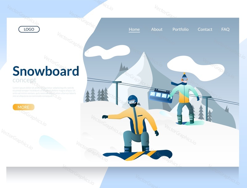Snowboard vector website template, web page and landing page design for website and mobile site development. Snowboarding, ski mountain resort for winter sports activities.