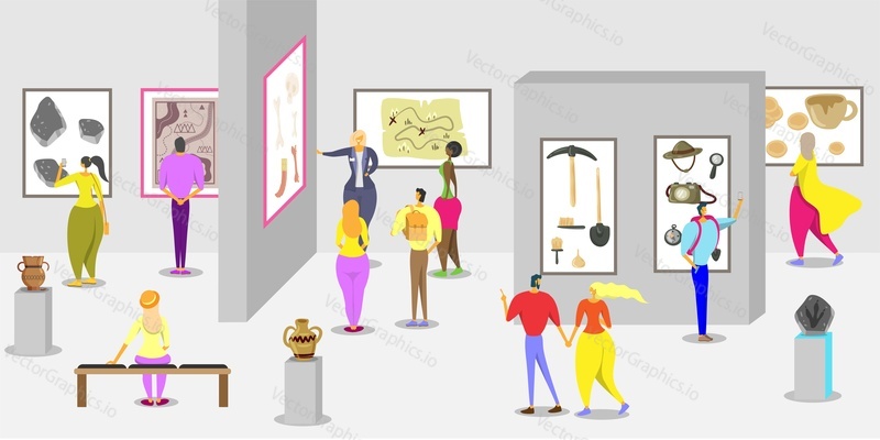 History museum poster banner design template, vector flat illustration. Archaeological museum interior with visitors viewing ancient artifacts.