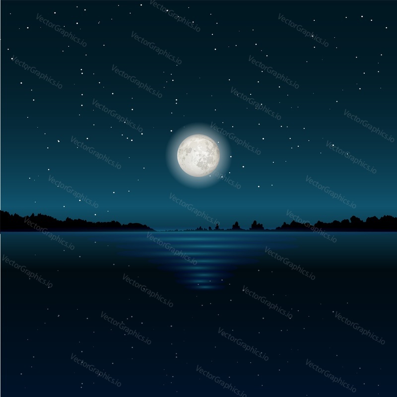 Lunar night, starry sky, moon glade on lake water, vector illustration. Full moonlight reflection on water in darkness. Beautiful romantic nature landscape.