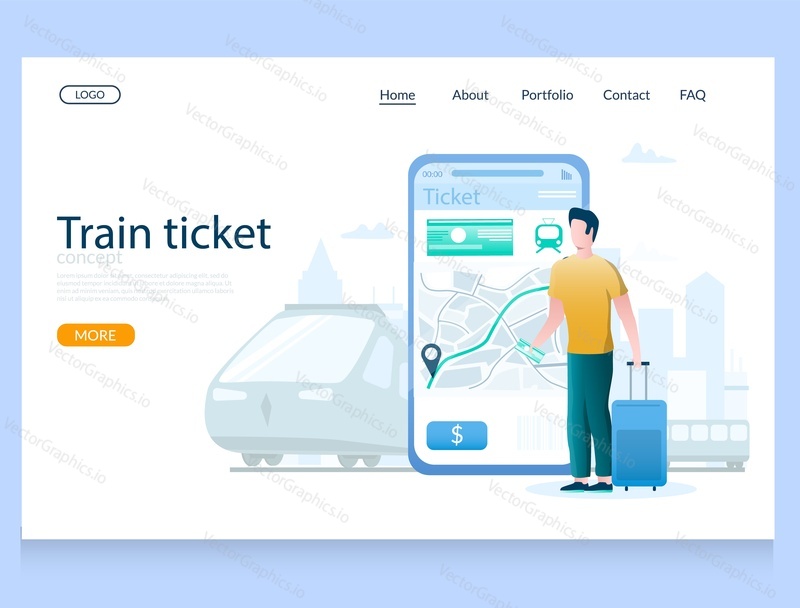 Train ticket vector website template, web page and landing page design for website and mobile site development. Traveler man buying, booking train ticket online using smartphone.