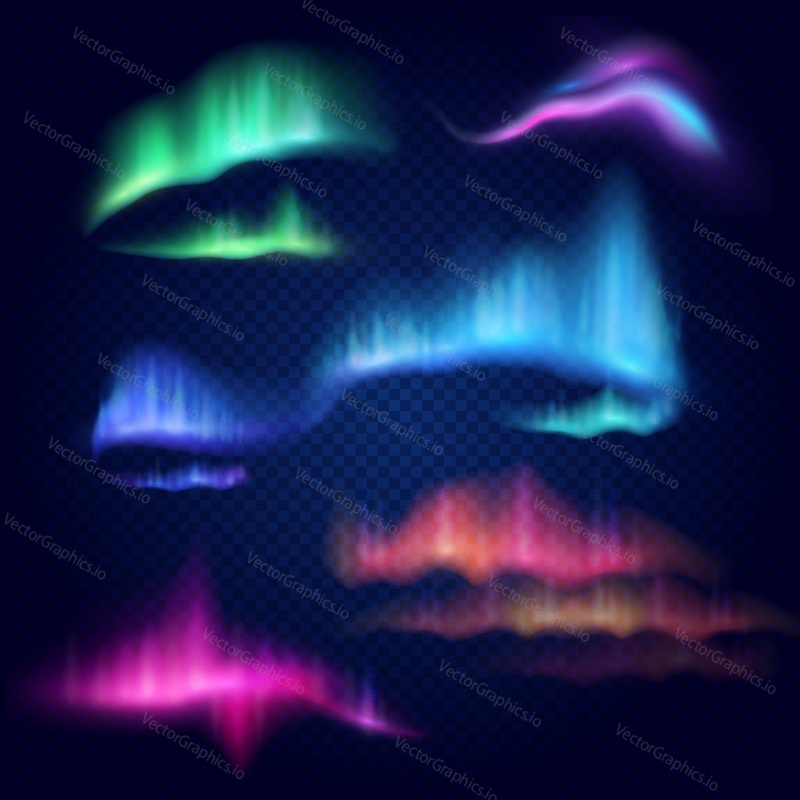 Realistic 3d northern lights, aurora borealis, vector illustration isolated on transparent background. Amazing polar lights on night dark sky, natural phenomena.