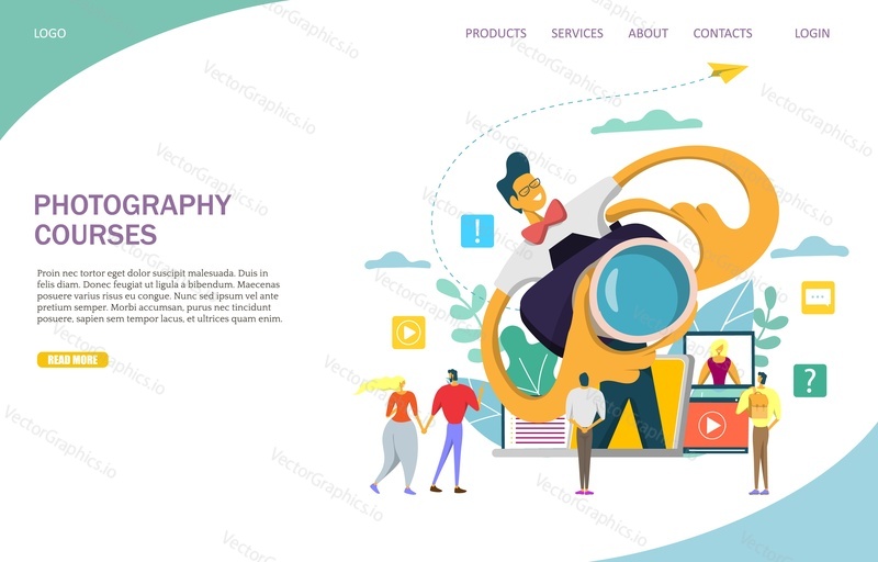Vektorová šablona webových stránek, design webových stránek a vstupních stránek pro vývoj webových stránek a mobilních stránek. Fotografické kurzy, návody, workshopy koncept.