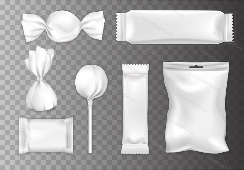 Chocolate and candy packaging mockup set, vector illustration isolated on transparent background. Realistic white blank plastic foil food storage bags, chocolate bar, chocolates and lollipop wrappers.