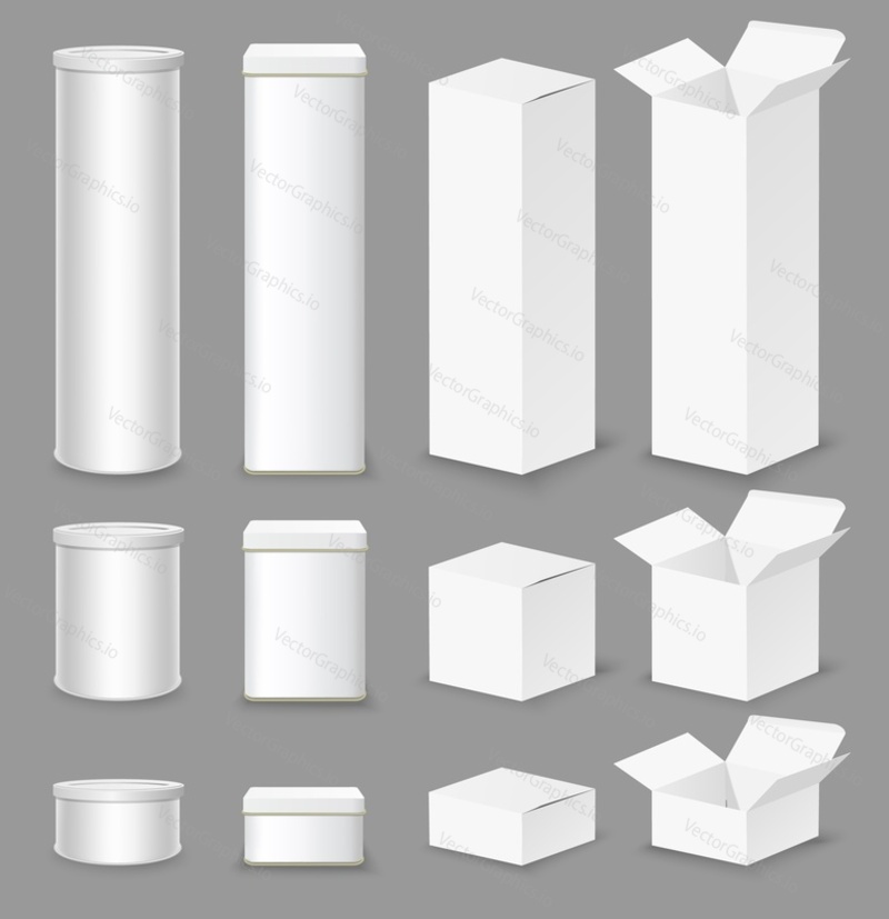 Realistic white cardboard box mockup set, vector isolated illustration. Open and closed round and rectangular containers in different sizes for food, medicine, cosmetic, other goods packaging.
