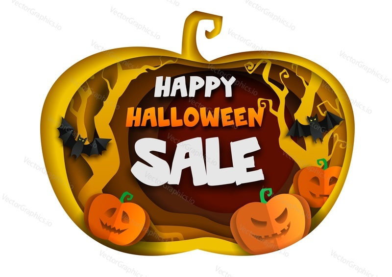 Šťastný Halloween prodej kompozice pro plakát, banner, vektorové ilustrace v papírové umění řemesla stylu izolovaných na bílém pozadí. Papercut dýně s děsivými dýněmi, mrtvými stromy, netopýry a textem uvnitř.