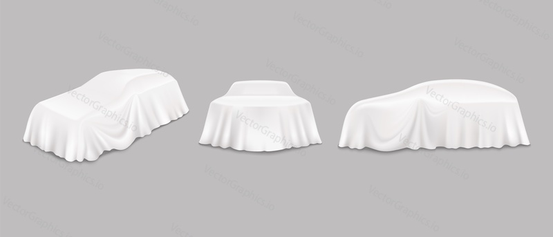 Car reveal event drapes, side front view, vector isolated illustration. Automobile hidden behind realistic white unveiling cloth. New car model presentation, auto show.