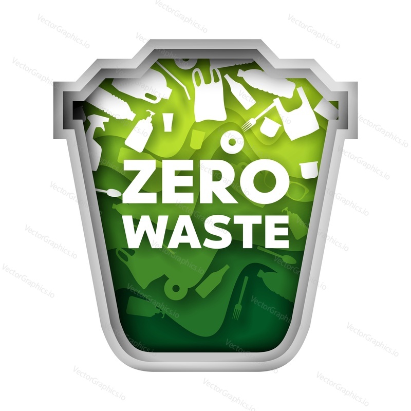 Vektor vrstvený papír řez styl Zero waste zelený odpadkový koš s plastovým odpadem. Život bez plastického konceptu pro webový banner, webovou stránku atd.