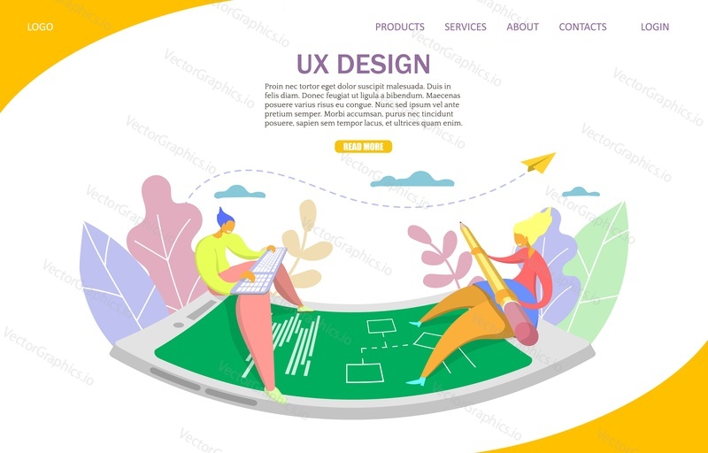 Векторный шаблон веб-сайта UX design, дизайн веб-страницы и целевой страницы для разработки веб-сайтов и мобильных сайтов. Курсы дизайна пользовательского опыта, онлайн-концепция занятий.