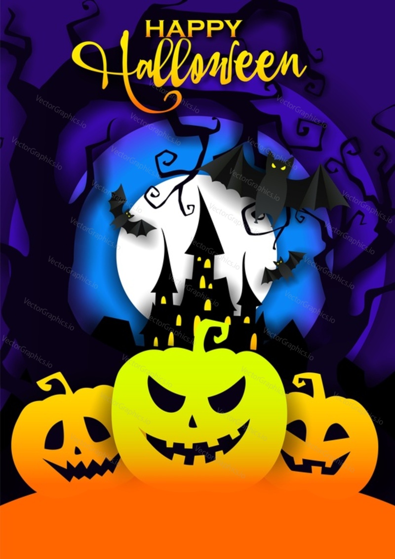 Happy Halloween poster template, vector illustration in paper art style. Orange scary pumpkins, black dead tree, flying bats, haunted house and full white moon.