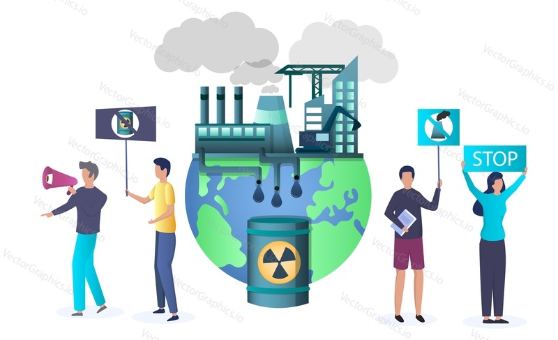 Environmental protection movement participants against air and water pollution by industrial production, vector illustration. Stop pollution, save nature campaign concept for web banner, website page.