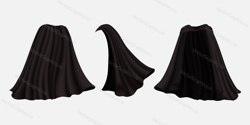 Black silk cape, cloak, mantle, front back and side view, vector illustration isolated on white background. Realistic carnival, masquerade clothes, Halloween party costume etc.
