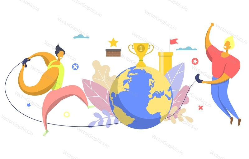 Online games poster banner design template, vector flat illustration. Worldwide online gaming concept.