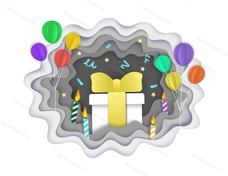 Happy birthday greeting card template, vector illustration in paper art style. Paper cut gift box, candles and balloons.
