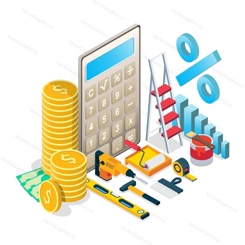 Budgeting for home maintenance, renovation concept vector isometric illustration. Home repairs budget composition for web banner, website page etc.
