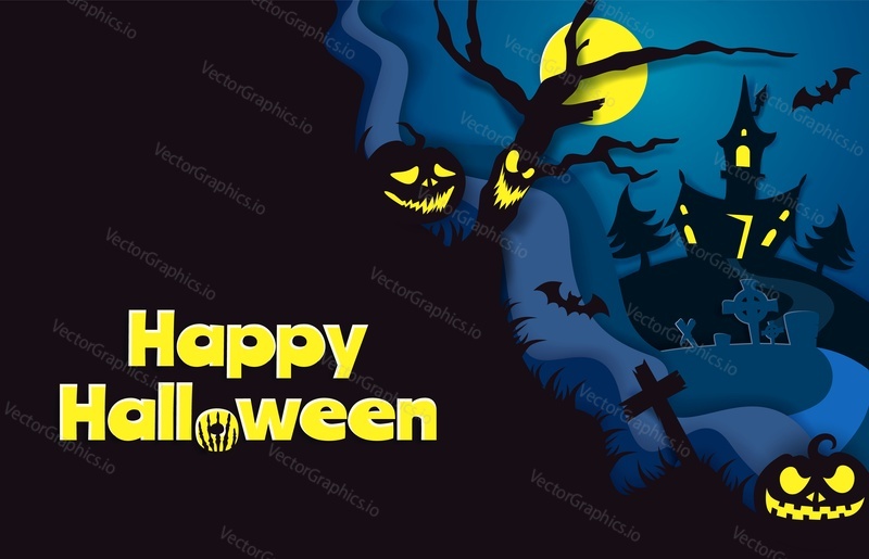 Happy Halloween poster template, vector illustration in paper art style. Halloween traditional symbols full moon, scary pumpkin, haunted house, flying bats, cemetery with graves, dead tree.