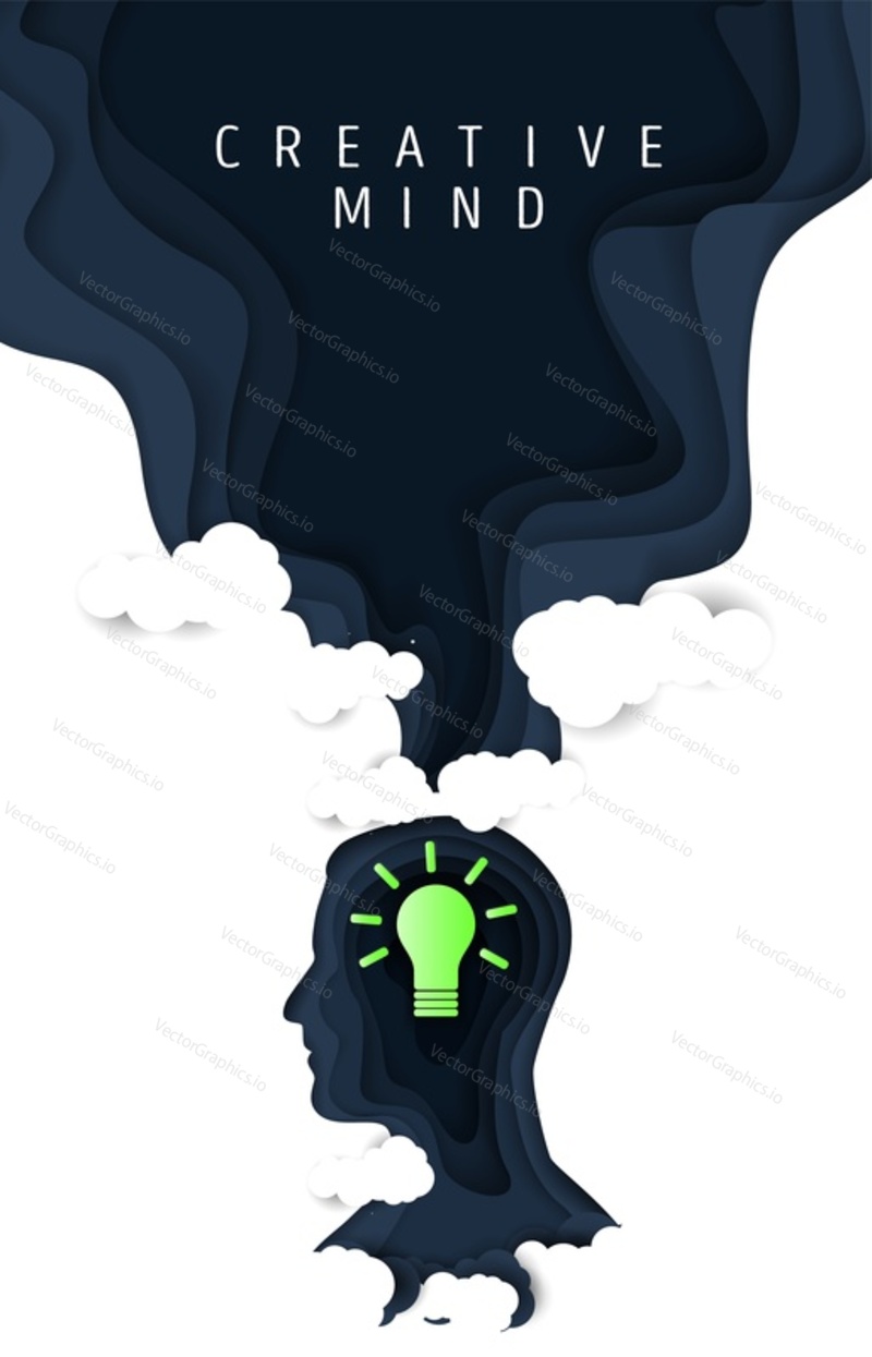 Шаблон плаката Creative mind, векторная иллюстрация в стиле бумажного искусства. Силуэт человеческой головы с лампочкой. Новая творческая идея, мозговой штурм.