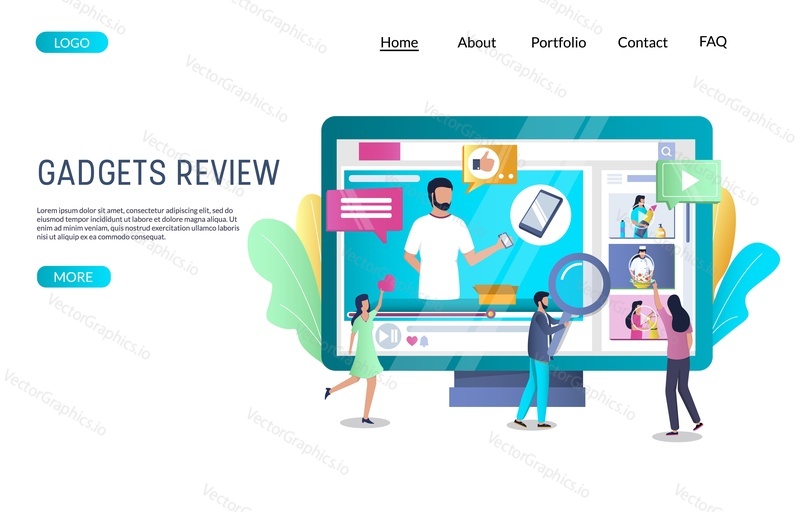 Gadgets review vector website template, web page and landing page design for website and mobile site development. Blogger making mobile device video review. Online channel, live broadcast, vlogging.
